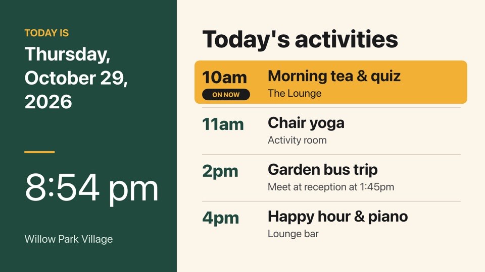 Today's activities digital signage template (landscape): Extra-large daily activities list with a live clock and date