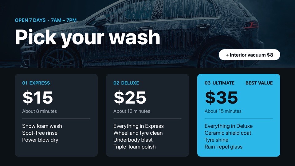 Car wash price menu digital signage template (landscape): Three wash packages with prices and what each one includes