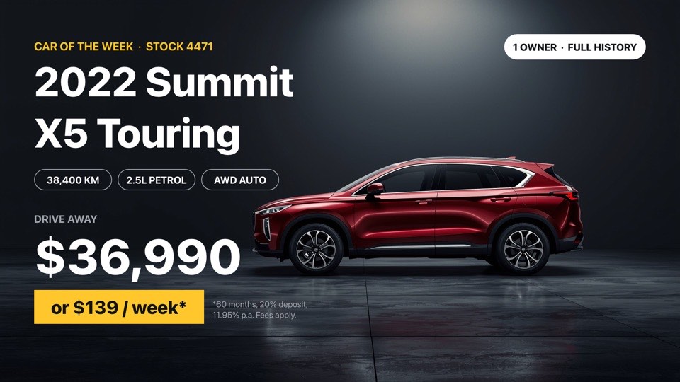 Featured vehicle digital signage template (landscape): Showroom car photo with specs, drive-away price and weekly finance