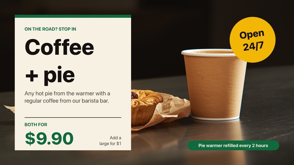 Coffee + pie deal digital signage template (landscape): Forecourt shop combo deal on a ticket card over a hero photo