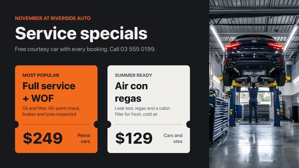 Service specials digital signage template (landscape): Two ticket-style service deals with prices beside a workshop photo