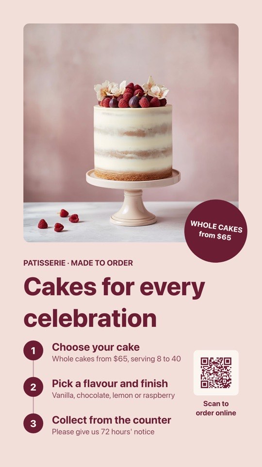 Celebration cake orders digital signage template (portrait): Patisserie cake feature with three order steps and a QR