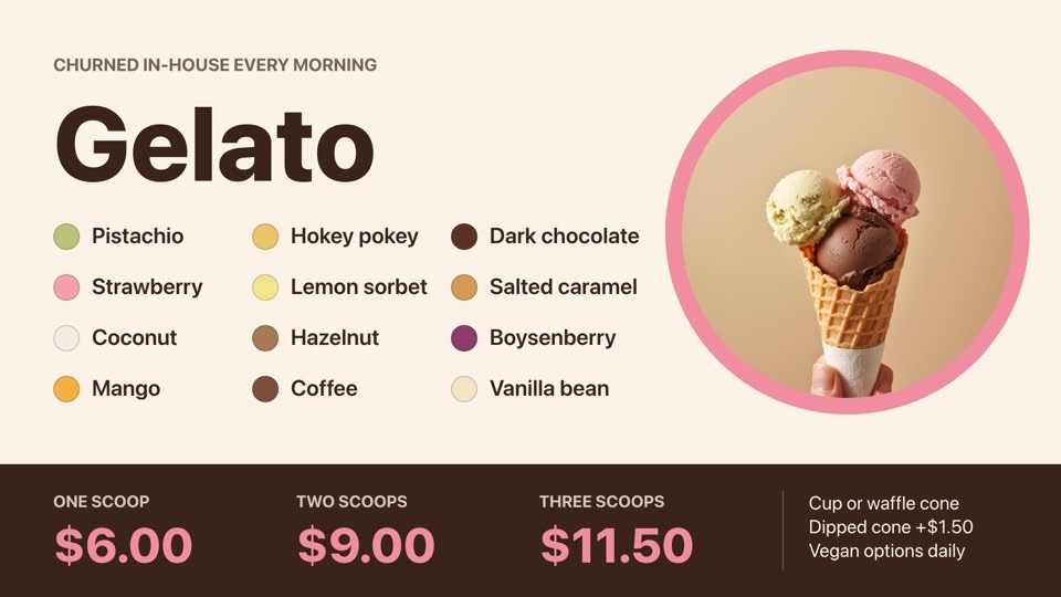 Gelato flavours board digital signage template (landscape): Twelve flavours with colour swatches and scoop prices
