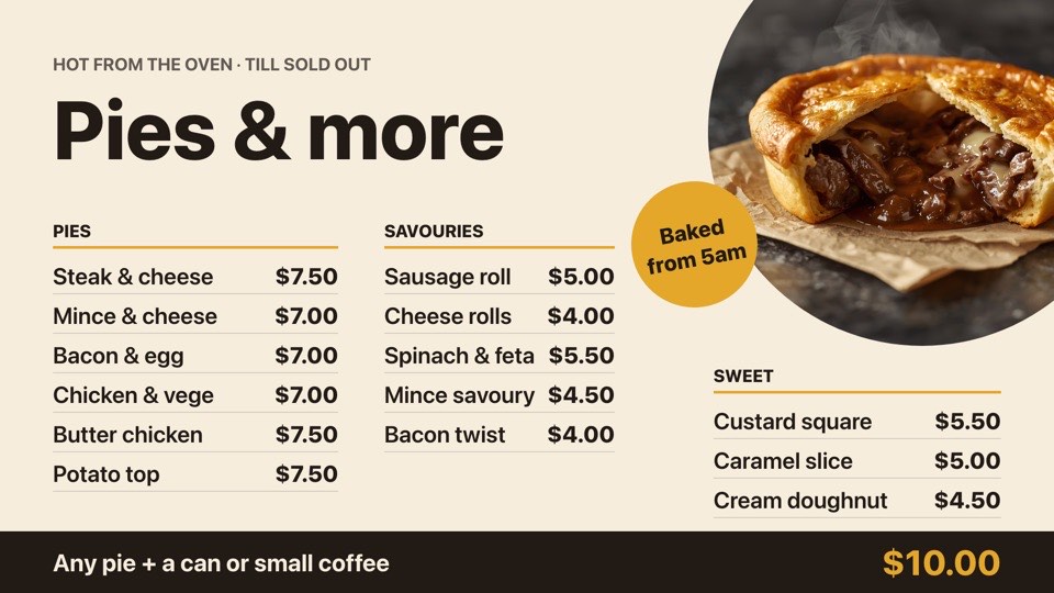 Pie and bakery menu digital signage template (landscape): Hot pies, savouries and sweets with a pie-and-drink deal