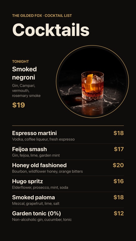 Cocktail menu digital signage template (portrait): Six cocktails and a featured drink in a dark art deco style