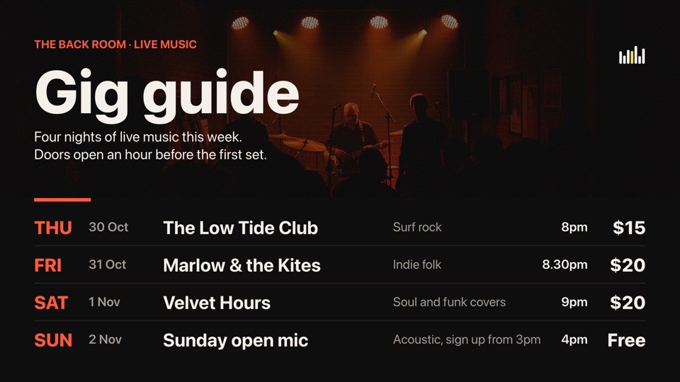 Gig guide this week digital signage template (landscape): This week's live music line-up over a moody stage photo