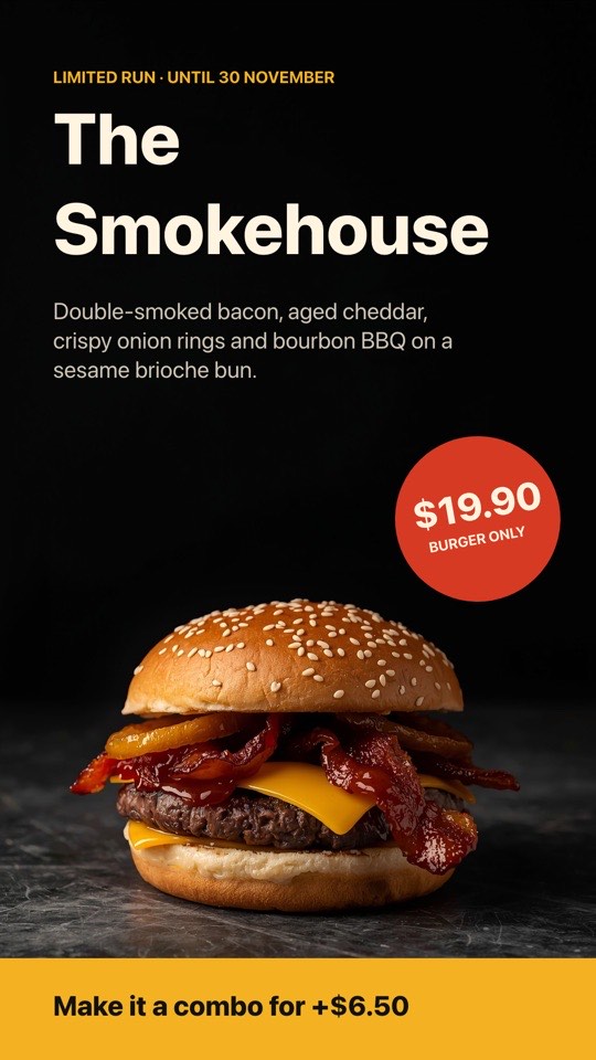 Burger special digital signage template (portrait): Full-height burger photo with a bold price badge