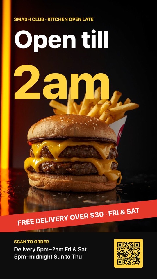 Late-night delivery digital signage template (portrait): Open-till-2am poster with a delivery tape band and order QR