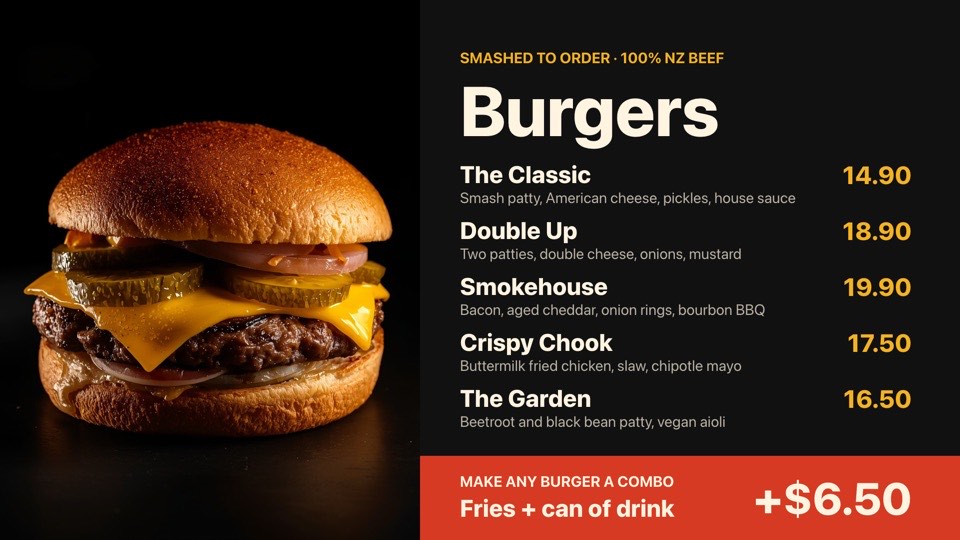 Burger menu board digital signage template (landscape): Five burgers with descriptions, prices and a combo upsell