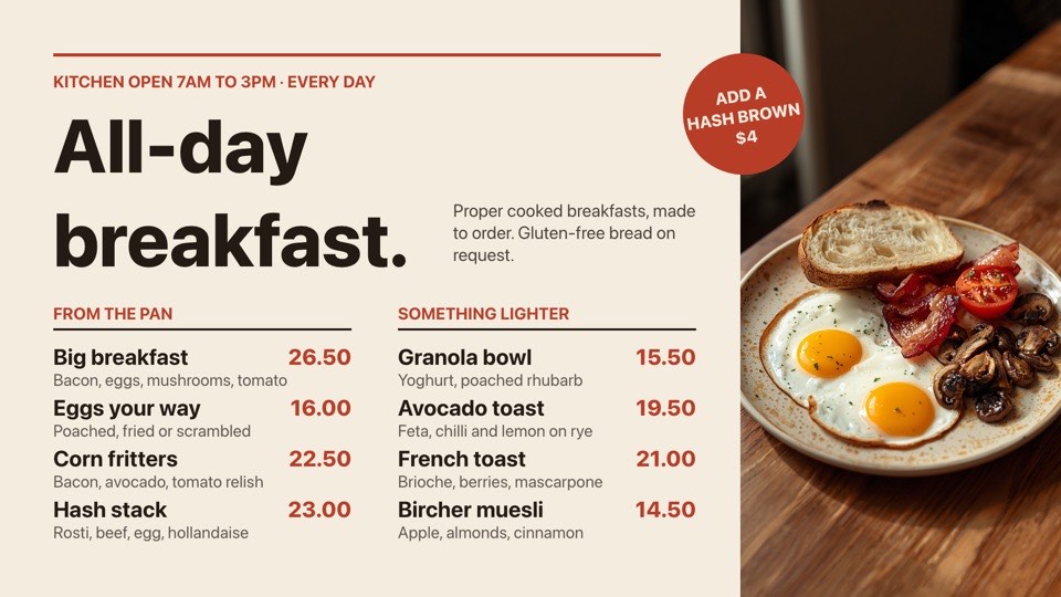 All-day breakfast digital signage template (landscape): Cooked breakfast menu in two columns beside a plate photo