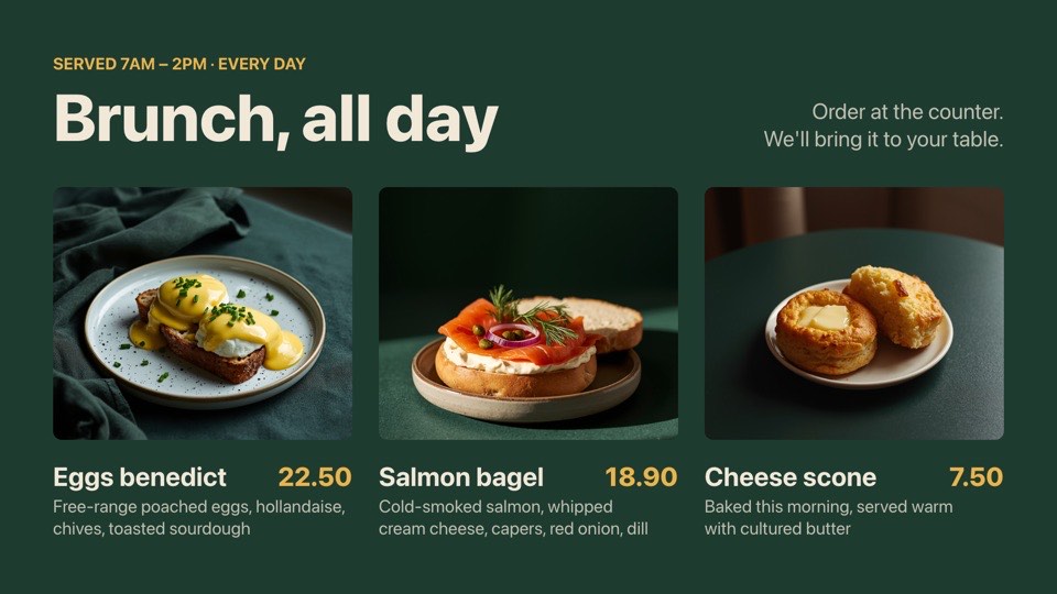 Brunch specials digital signage template (landscape): Three brunch dishes with photos, prices and descriptions