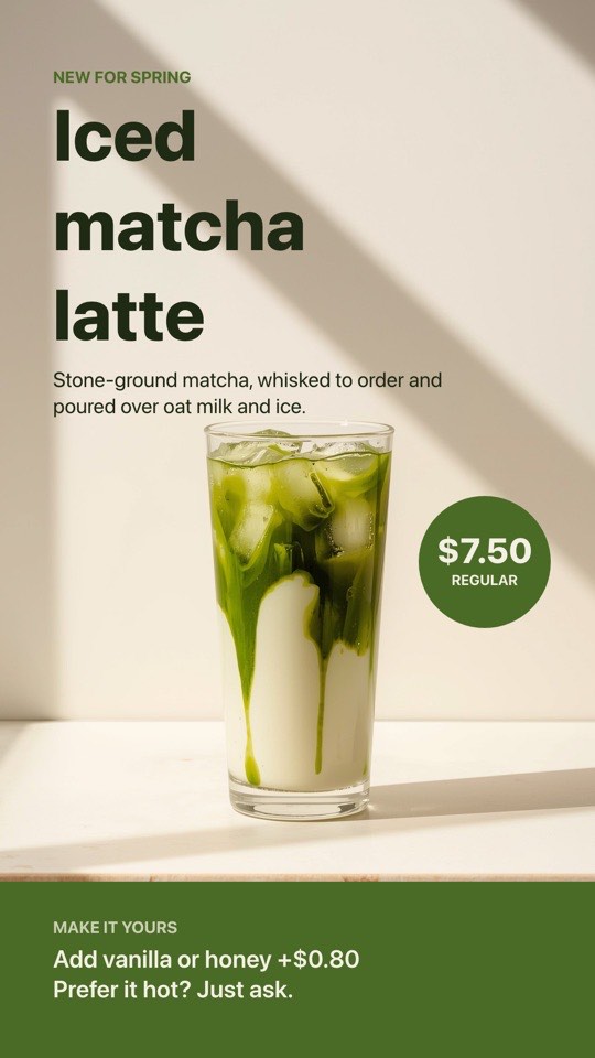 Seasonal drink feature digital signage template (portrait): Portrait poster for a new seasonal drink, with price badge