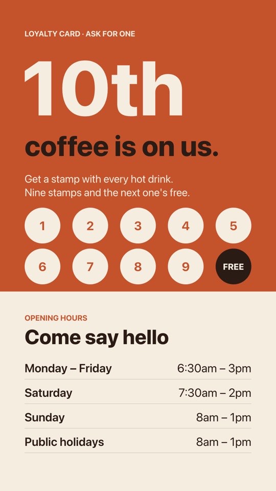 Loyalty card and hours digital signage template (portrait): 10th coffee free stamp card with opening hours