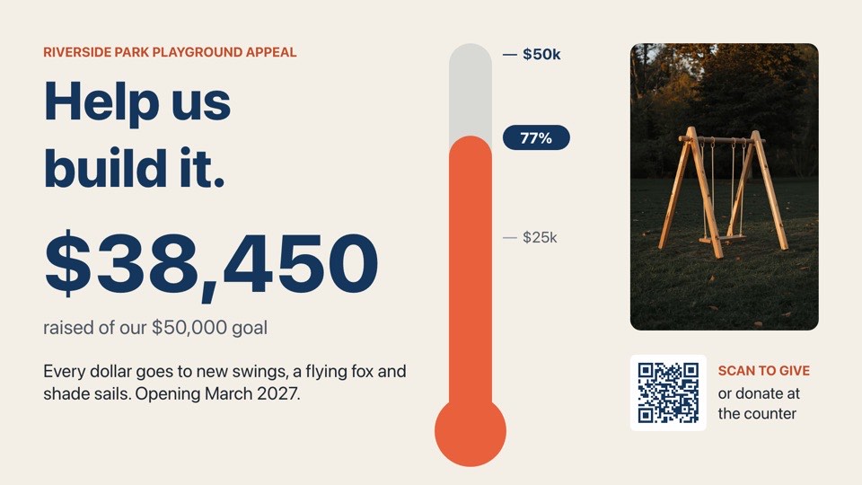 Fundraiser progress digital signage template (landscape): Charity appeal with a thermometer progress bar and donate QR