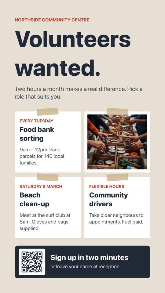 Volunteers wanted digital signage template (portrait): Notice-board style call for volunteers with roles and sign-up QR