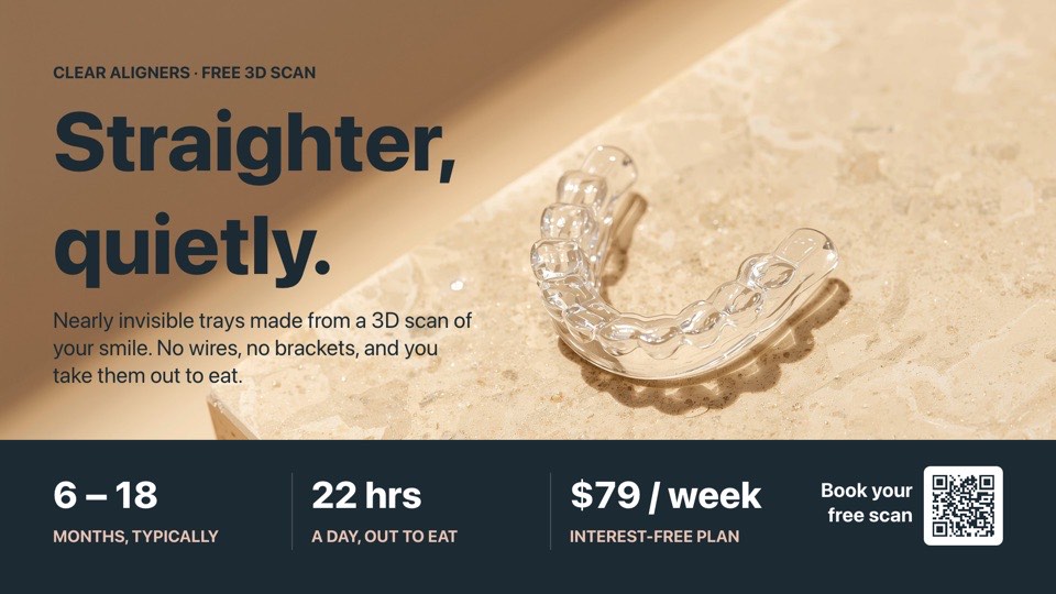 Clear aligners digital signage template (landscape): Cosmetic clear aligner promo with key facts and a free scan offer