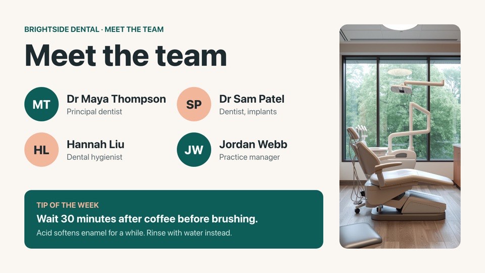 Meet the team and tips digital signage template (landscape): Team introductions with initials, roles and a dental tip of the week