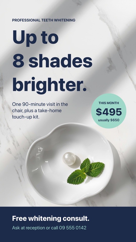 Teeth whitening offer digital signage template (portrait): In-chair whitening promotion with price badge and booking line