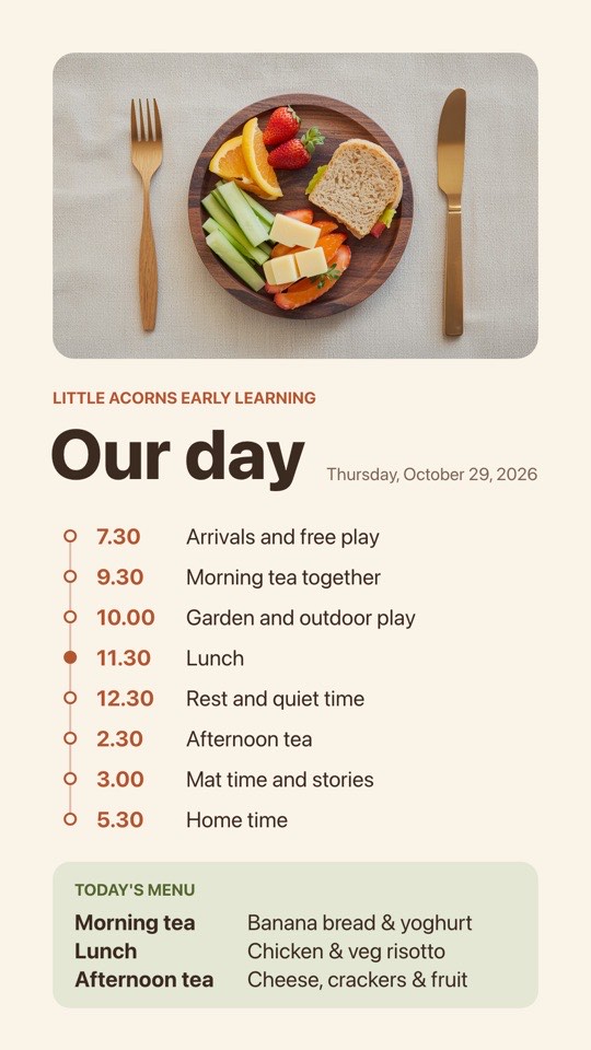 Early learning day digital signage template (portrait): Daily rhythm timeline and today's menu for families at pick-up