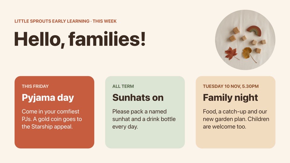 Early learning notices digital signage template (landscape): Three soft-coloured notice cards for parents and families