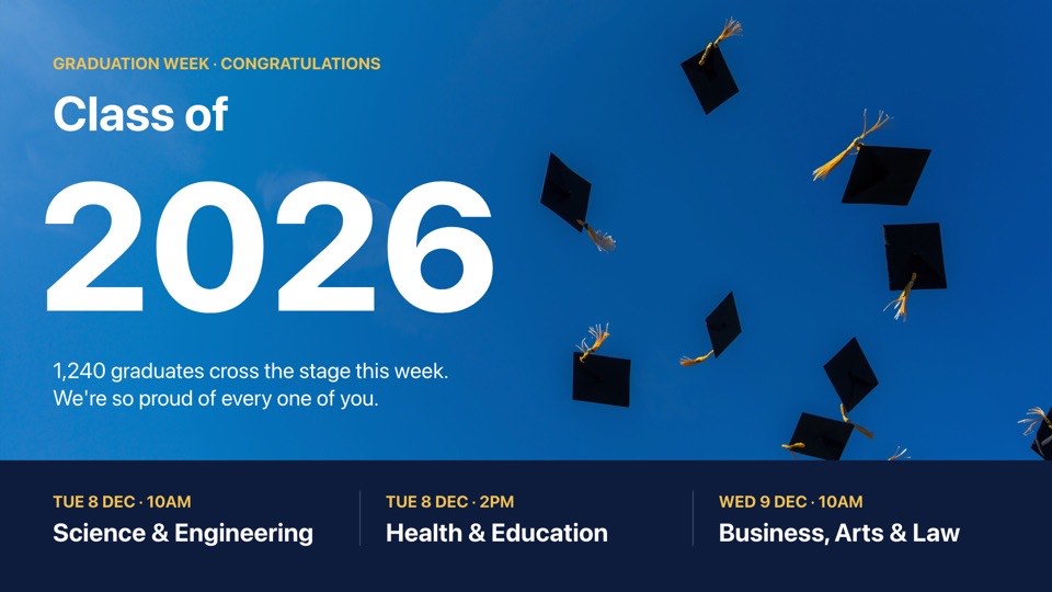 Graduation week digital signage template (landscape): Class-of celebration with a huge year and the ceremony times