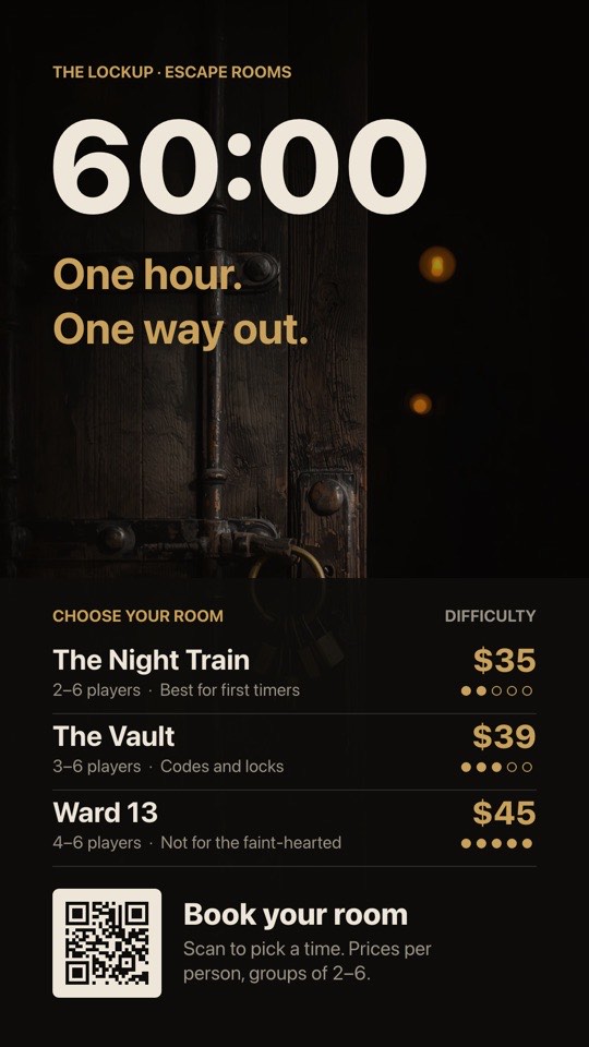 Escape room promo digital signage template (portrait): Giant 60-minute timer, three rooms with difficulty and a booking QR