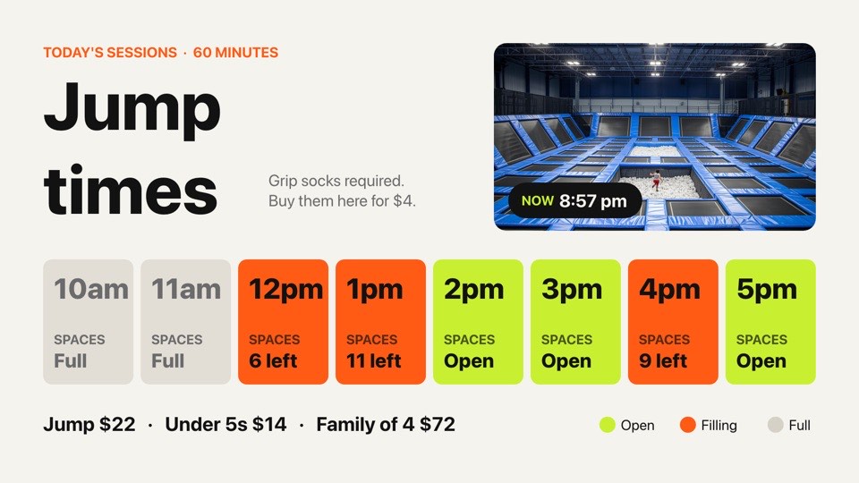 Jump session times digital signage template (landscape): Today's hourly sessions with spaces left, prices and a live clock
