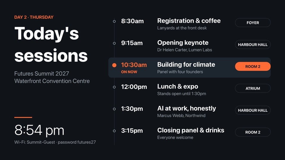 Conference agenda digital signage template (landscape): Today's sessions on a timeline with times, speakers and rooms