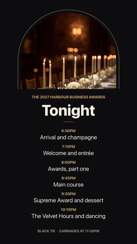 Gala awards programme digital signage template (portrait): Black-tie awards night running order under an arched photo