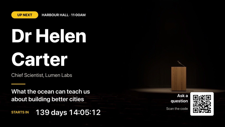 Speaker up next digital signage template (landscape): Full-bleed stage poster introducing the next speaker, with countdown