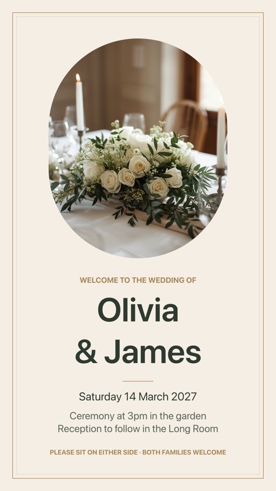 Wedding welcome digital signage template (portrait): Elegant portrait welcome sign with an arched photo and the day's details