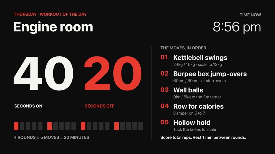 Workout of the day digital signage template (landscape): Today's WOD with giant work/rest numbers and the five moves