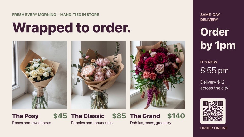 Bouquet prices & cut-off digital signage template (landscape): Three bouquet sizes with prices and same-day order cut-off