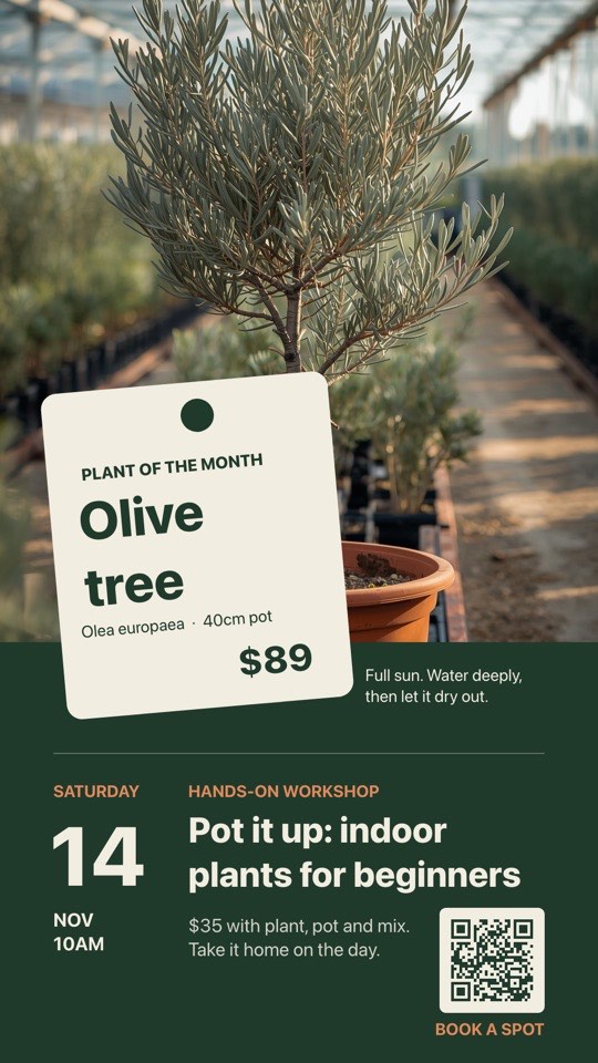 Plant of the month & workshop digital signage template (portrait): Hero plant with a tilted plant-tag price and a potting workshop