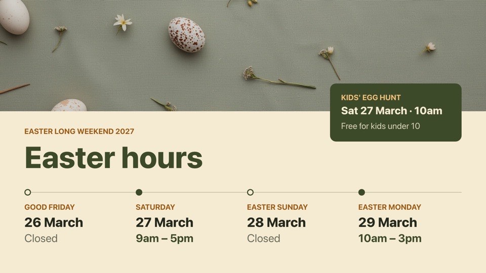 Easter hours and egg hunt digital signage template (landscape): Easter weekend opening hours on a timeline, plus an egg hunt