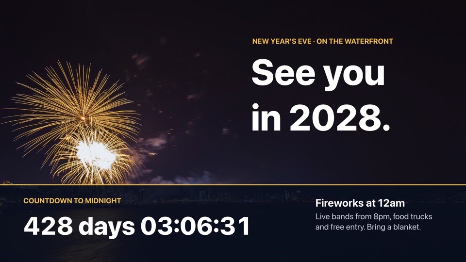 New Year countdown digital signage template (landscape): Live countdown to midnight over harbour fireworks