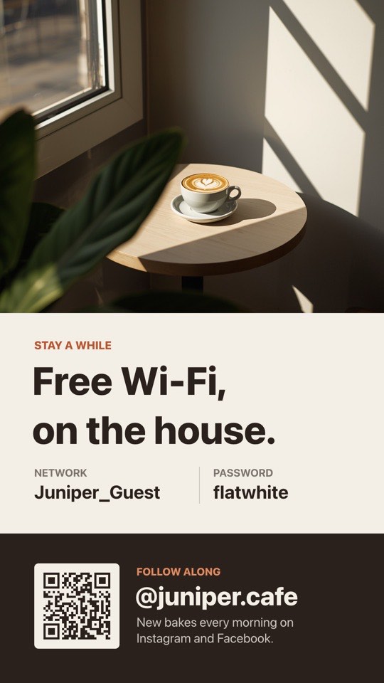 Wi-Fi and follow us digital signage template (portrait): Free Wi-Fi details plus a QR to follow you on social media