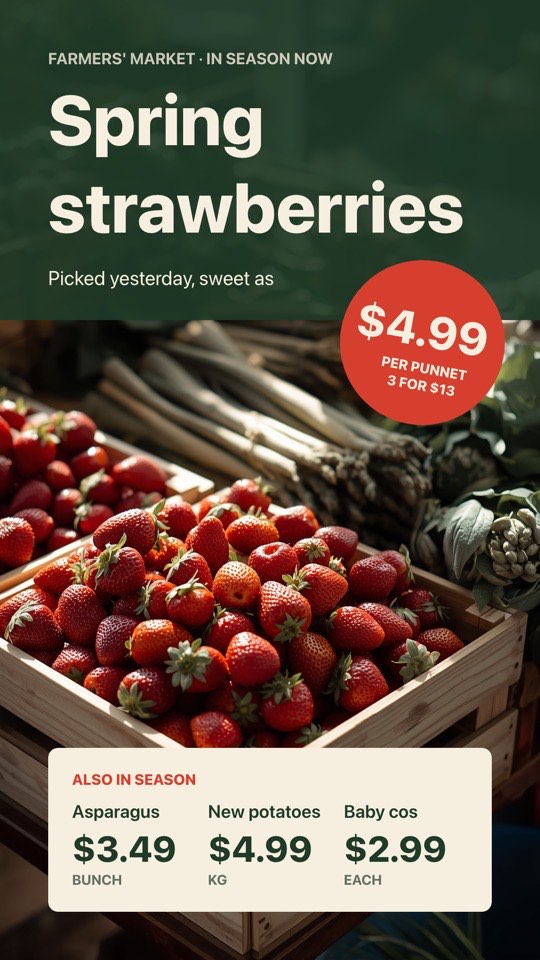 In-season produce feature digital signage template (portrait): Full-bleed market photo with a price sticker and seasonal picks