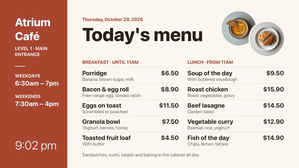 Café menu and hours digital signage template (landscape): Hospital café breakfast and lunch menu with opening hours
