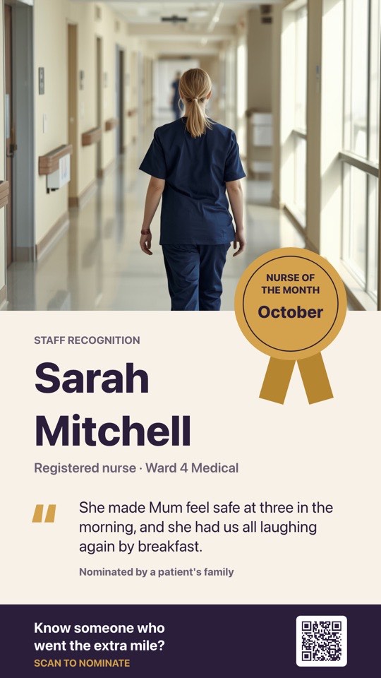 Nurse of the month digital signage template (portrait): Staff recognition poster with a rosette, patient quote and nomination QR