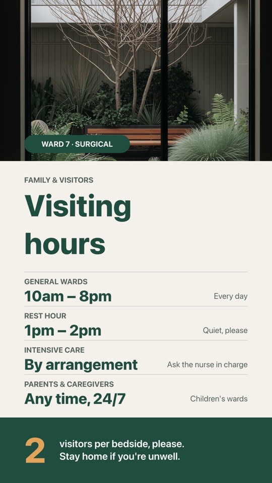 Visiting hours digital signage template (portrait): Ward visiting hours, rest hour and visitor guidelines with a photo