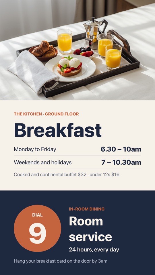 Breakfast and room service digital signage template (portrait): Restaurant breakfast times plus a big 'dial 9' for room service