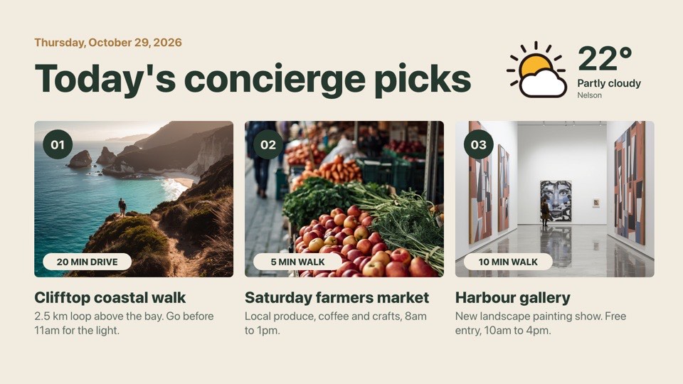 Weather and things to do digital signage template (landscape): Live weather with three concierge picks for the day
