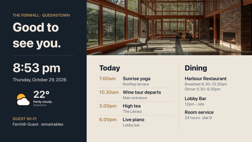 Lobby welcome digital signage template (landscape): Welcome with time, weather, today's events and dining hours