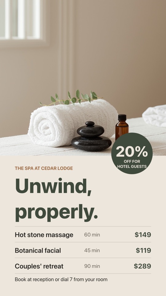 Spa treatments digital signage template (portrait): Calm spa promotion with a treatment price list and guest offer