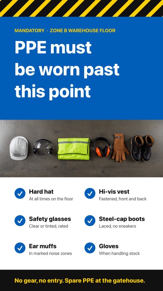PPE required digital signage template (portrait): Mandatory PPE checklist with hazard stripes and a gear photo