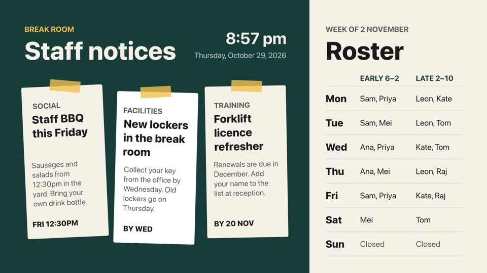 Staff notices and roster digital signage template (landscape): Pinned notice cards beside this week's shift roster