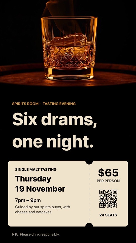 Whisky tasting evening digital signage template (portrait): Moody whisky photo with a tear-off ticket for the event