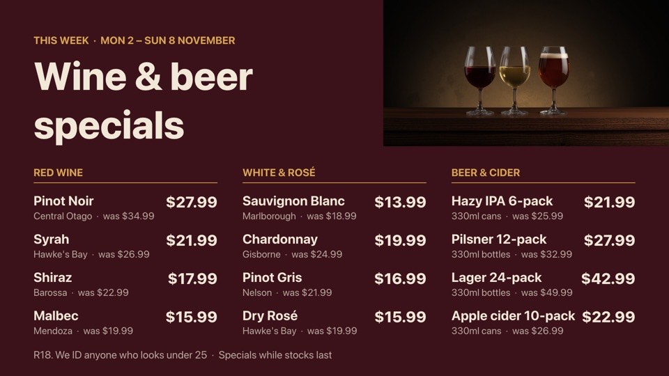 Wine & beer specials digital signage template (landscape): Three-column specials list with was/now prices