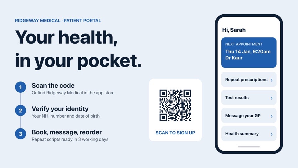 Patient portal sign-up digital signage template (landscape): Three-step patient app sign-up with QR code and phone mock-up